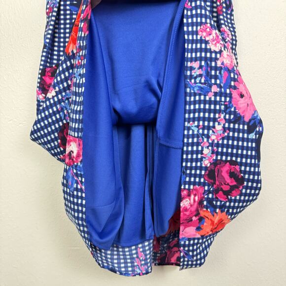 Chris McLaughlin | Blue White Checker Pink Floral Ruffle V-Neck Cap Sleeve Dress - Picture 8 of 12